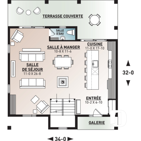 Rez-de-chaussée - Plan de chalet Scandinave, 3 chambres, 2.5 salles de bain, grand balcon arrière abritée, foyer central - Scandi