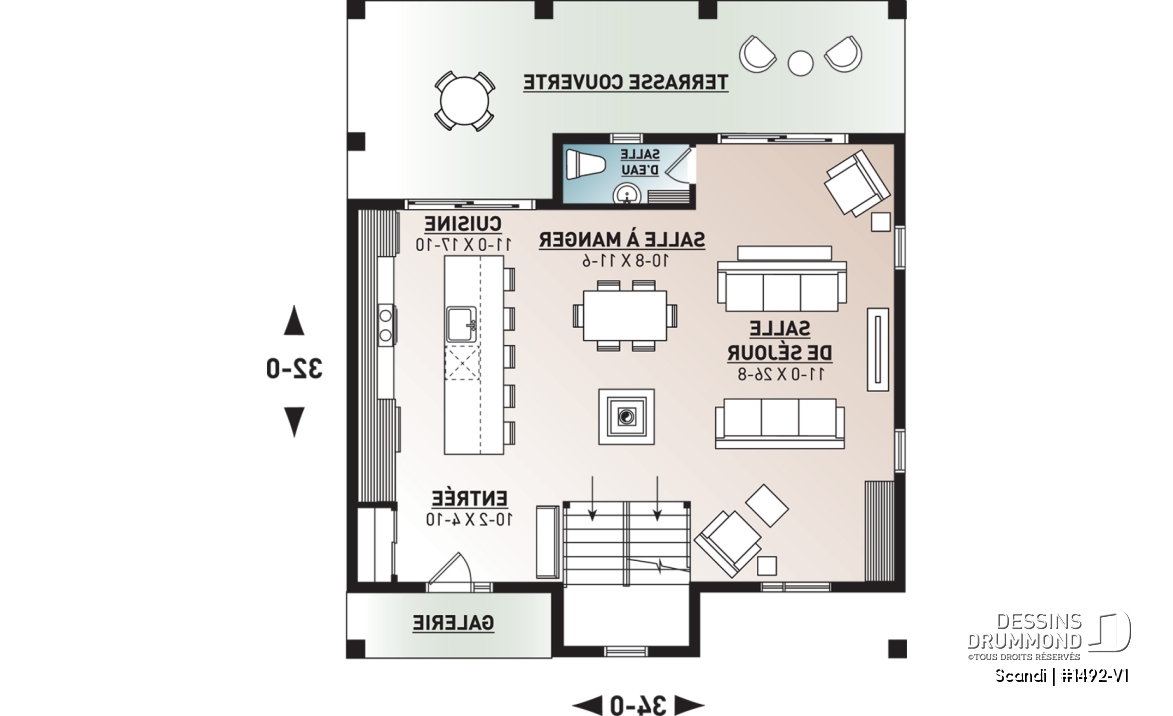 Rez-de-chaussée - Plan de maison ou chalet scandinave moderne avec aire ouverte et lumière naturelle - Scandi
