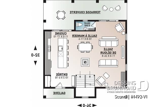 Rez-de-chaussée - Plan de chalet Scandinave, 3 chambres, 2.5 salles de bain, grand balcon arrière abritée, foyer central - Scandi