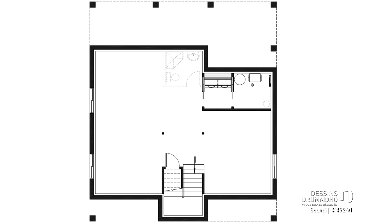 Sous-sol - Plan de maison ou chalet scandinave moderne avec aire ouverte et lumière naturelle - Scandi