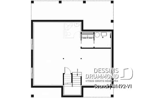 Sous-sol - Plan de chalet Scandinave, 3 chambres, 2.5 salles de bain, grand balcon arrière abritée, foyer central - Scandi