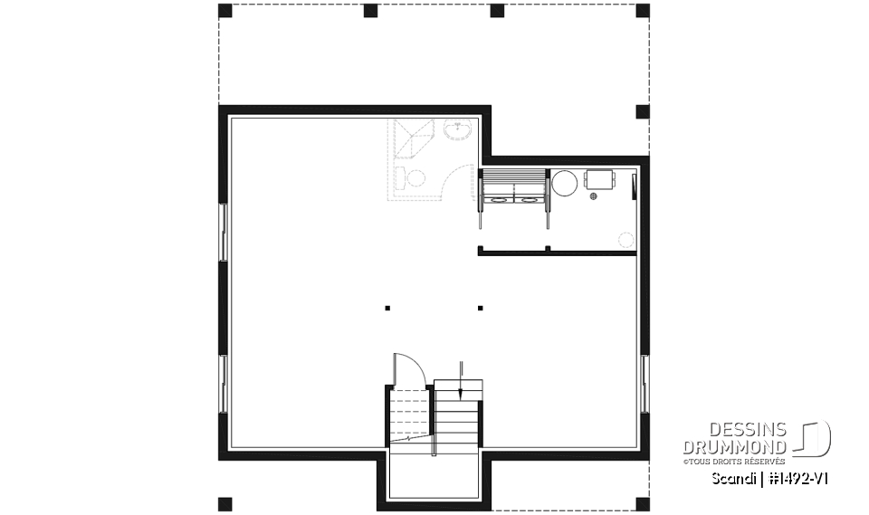 Sous-sol aménageable - Plan de maison ou chalet scandinave moderne avec aire ouverte et lumière naturelle - Scandi