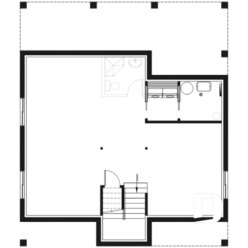 Sous-sol aménageable - Plan de maison ou chalet scandinave moderne avec aire ouverte et lumière naturelle - Scandi