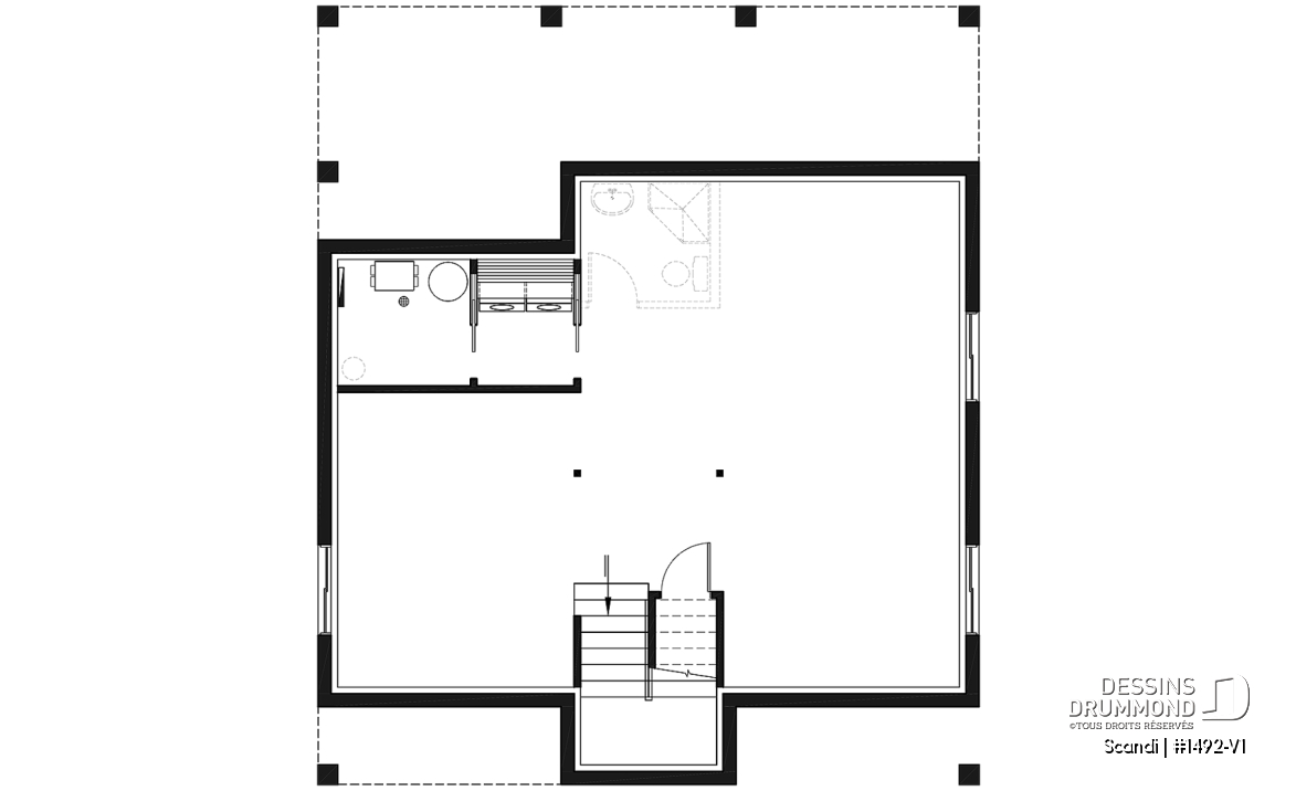 Sous-sol aménageable - Plan de maison ou chalet scandinave moderne avec aire ouverte et lumière naturelle - Scandi