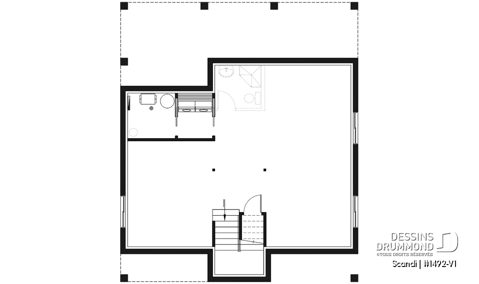 Sous-sol aménageable - Plan de maison ou chalet scandinave moderne avec aire ouverte et lumière naturelle - Scandi