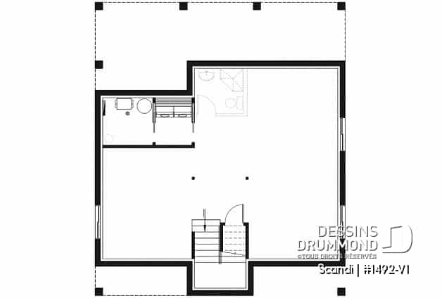 Sous-sol - Plan de chalet Scandinave, 3 chambres, 2.5 salles de bain, grand balcon arrière abritée, foyer central - Scandi