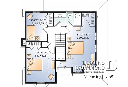 Étage - Plan de cottage à l'américaine, 3 chambres, vestibule de bon format, balcon couvert, 2 salles de bain - Villandry