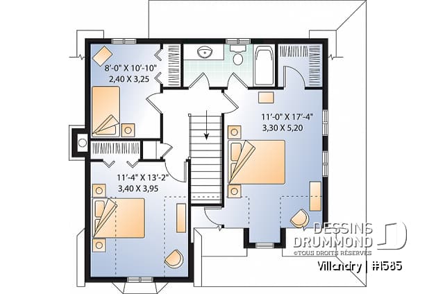 Étage - Plan de cottage à l'américaine, 3 chambres, vestibule de bon format, balcon couvert, 2 salles de bain - Villandry