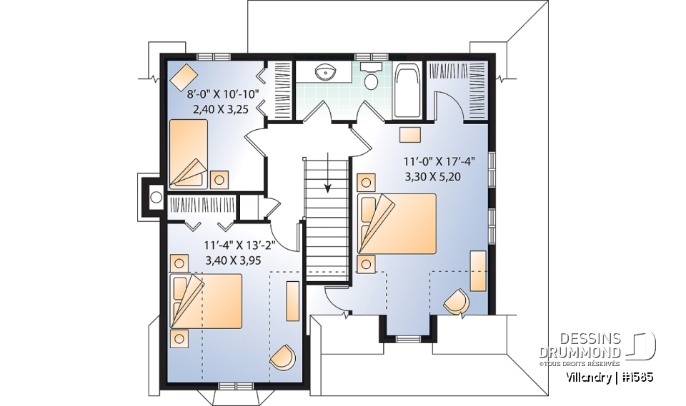 Étage - Plan de cottage à l'américaine, 3 chambres, vestibule de bon format, balcon couvert, 2 salles de bain - Villandry