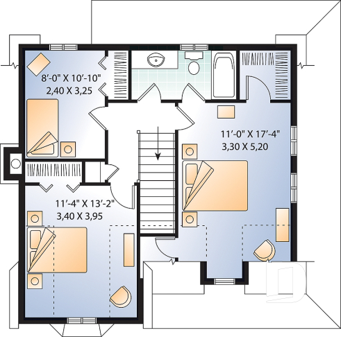 Étage - Plan de cottage à l'américaine, 3 chambres, vestibule de bon format, balcon couvert, 2 salles de bain - Villandry