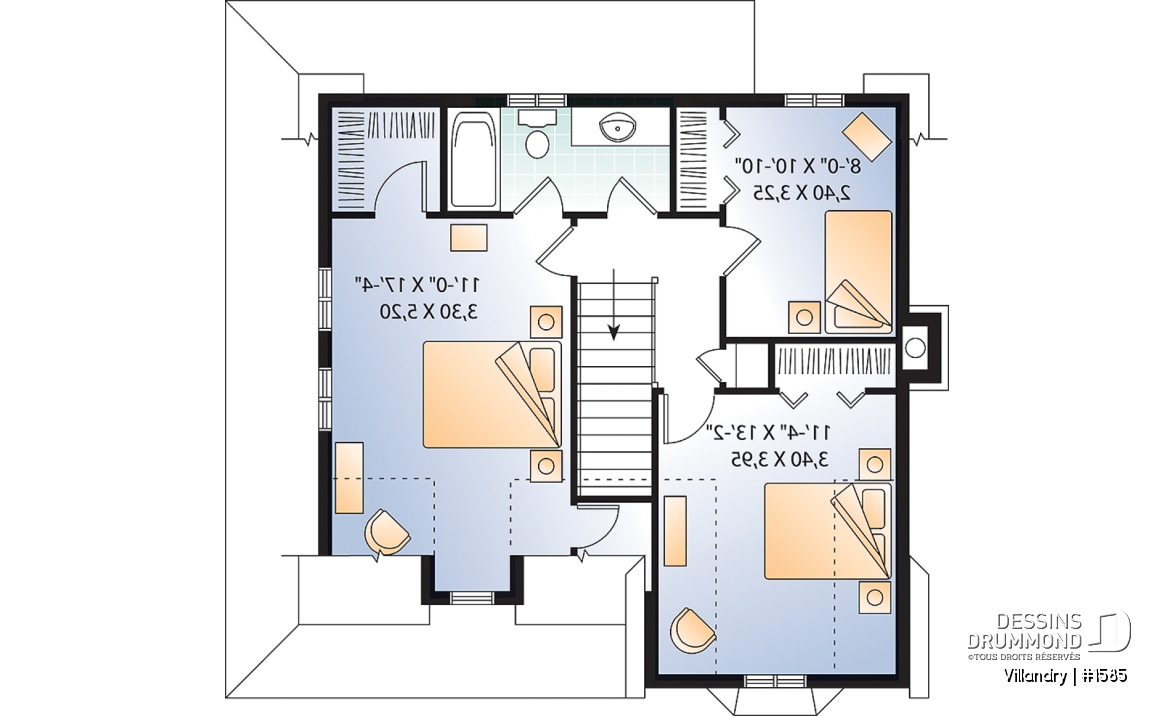 Étage - Plan de cottage à l'américaine, 3 chambres, vestibule de bon format, balcon couvert, 2 salles de bain - Villandry
