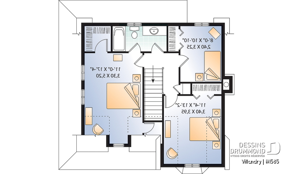 Étage - Plan de cottage à l'américaine, 3 chambres, vestibule de bon format, balcon couvert, 2 salles de bain - Villandry