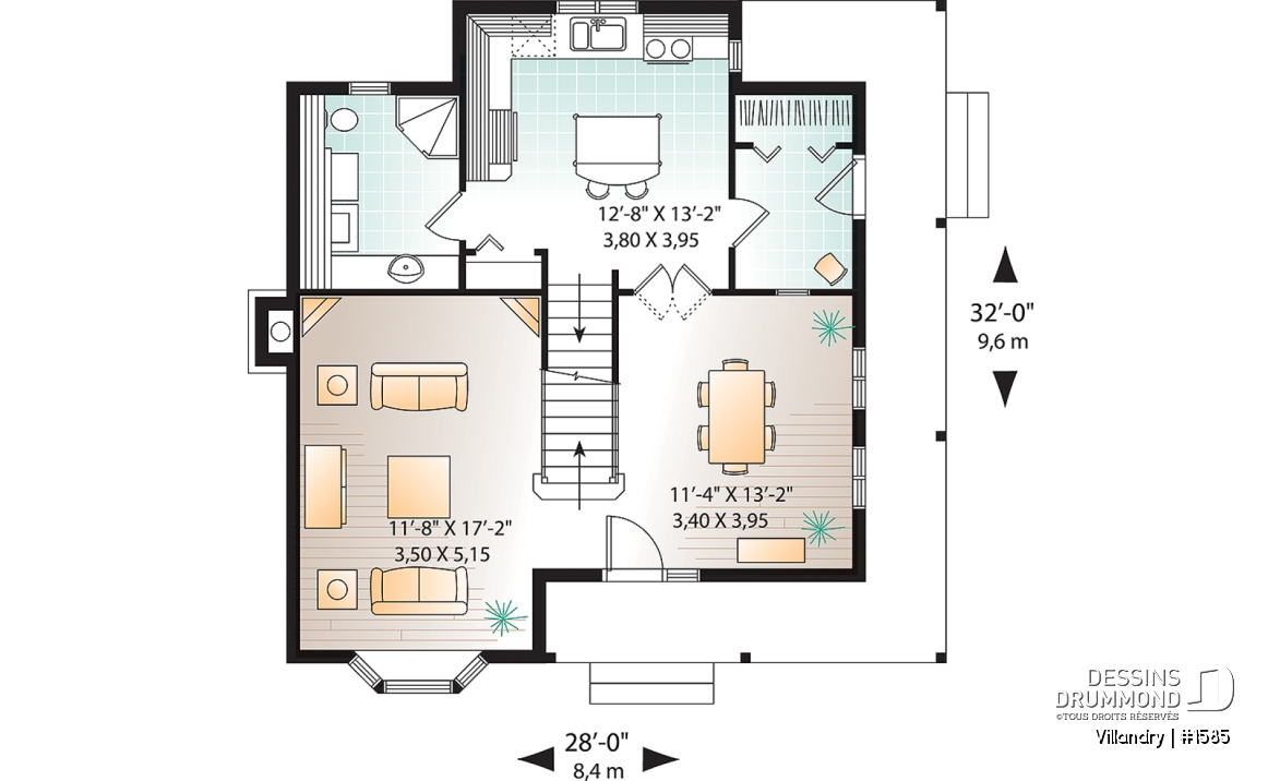 Rez-de-chaussée - Plan de cottage à l'américaine, 3 chambres, vestibule de bon format, balcon couvert, 2 salles de bain - Villandry