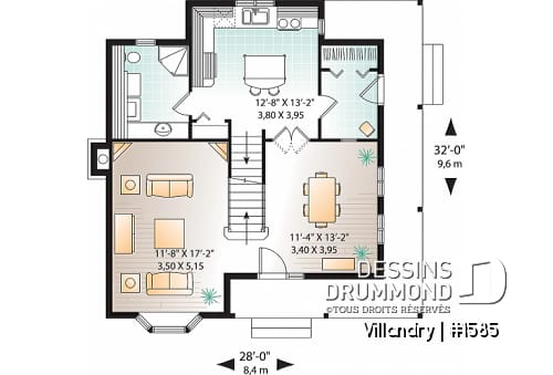 Rez-de-chaussée - Plan de cottage à l'américaine, 3 chambres, vestibule de bon format, balcon couvert, 2 salles de bain - Villandry