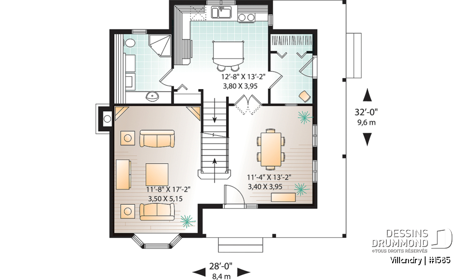 Rez-de-chaussée - Plan de cottage à l'américaine, 3 chambres, vestibule de bon format, balcon couvert, 2 salles de bain - Villandry
