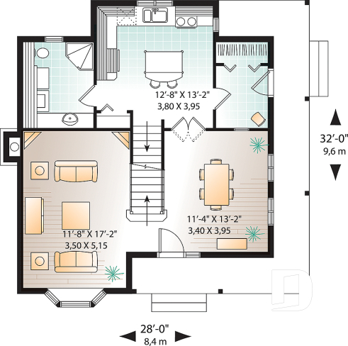 Rez-de-chaussée - Plan de cottage à l'américaine, 3 chambres, vestibule de bon format, balcon couvert, 2 salles de bain - Villandry