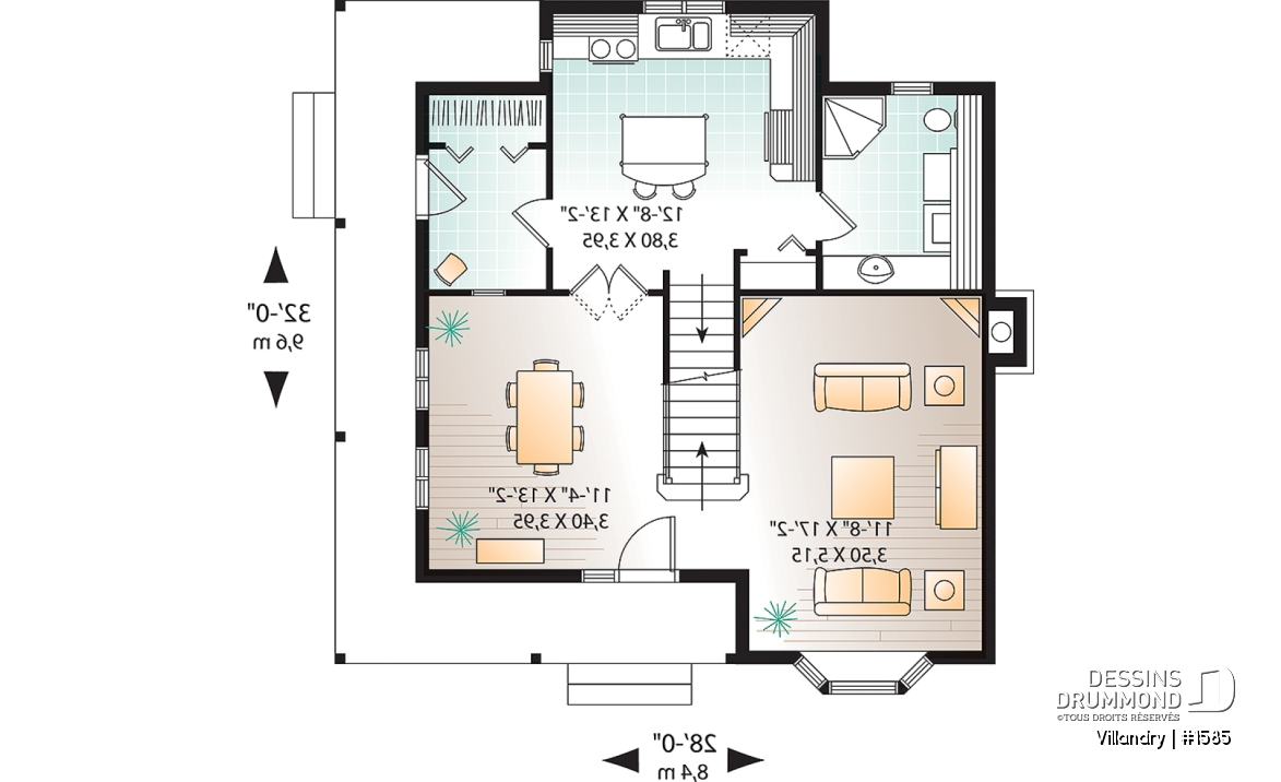 Rez-de-chaussée - Plan de cottage à l'américaine, 3 chambres, vestibule de bon format, balcon couvert, 2 salles de bain - Villandry