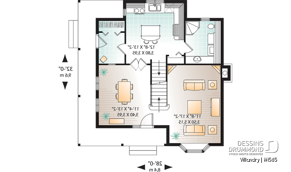 Rez-de-chaussée - Plan de cottage à l'américaine, 3 chambres, vestibule de bon format, balcon couvert, 2 salles de bain - Villandry