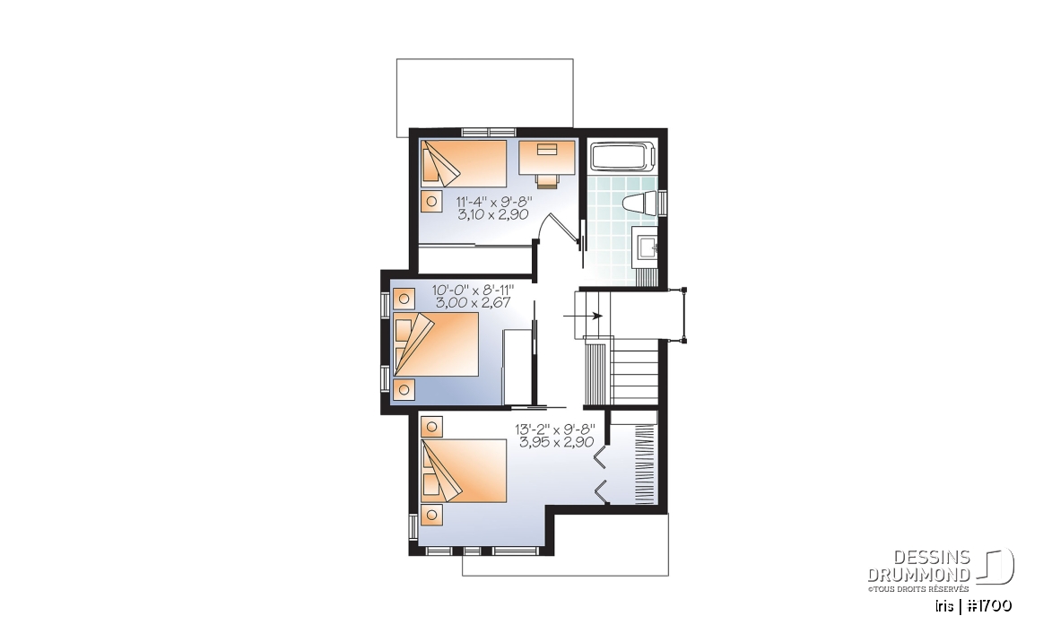 Étage - Plan mini-maison 3 chambres, cuisine fonctionnelle, aire ouverte, abri moustiquaire au balcon arrière - Iris