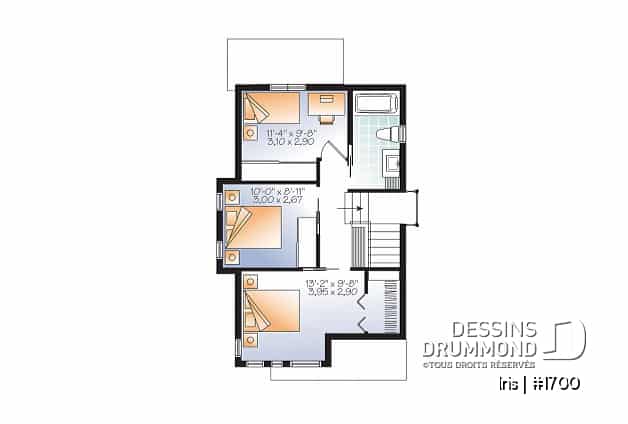 Étage - Plan mini-maison 3 chambres, cuisine fonctionnelle, aire ouverte, abri moustiquaire au balcon arrière - Iris