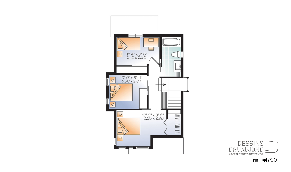Étage - Plan mini-maison 3 chambres, cuisine fonctionnelle, aire ouverte, abri moustiquaire au balcon arrière - Iris