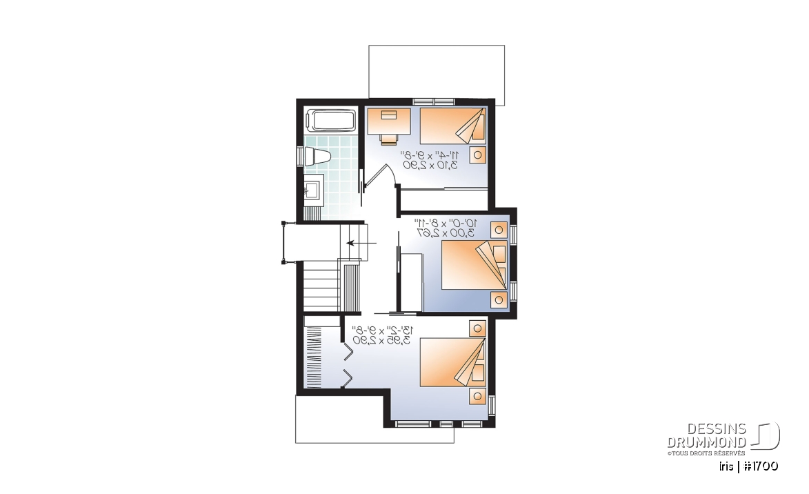 Étage - Plan mini-maison 3 chambres, cuisine fonctionnelle, aire ouverte, abri moustiquaire au balcon arrière - Iris