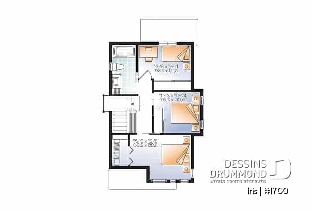 Étage - Plan mini-maison 3 chambres, cuisine fonctionnelle, aire ouverte, abri moustiquaire au balcon arrière - Iris