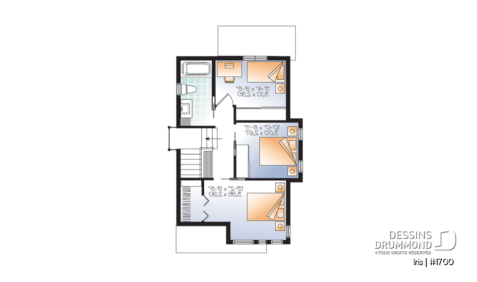 Étage - Plan mini-maison 3 chambres, cuisine fonctionnelle, aire ouverte, abri moustiquaire au balcon arrière - Iris