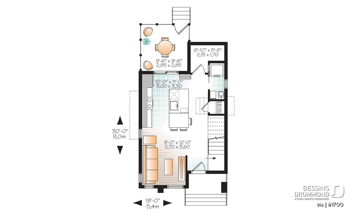 Rez-de-chaussée - Plan mini-maison 3 chambres, cuisine fonctionnelle, aire ouverte, abri moustiquaire au balcon arrière - Iris