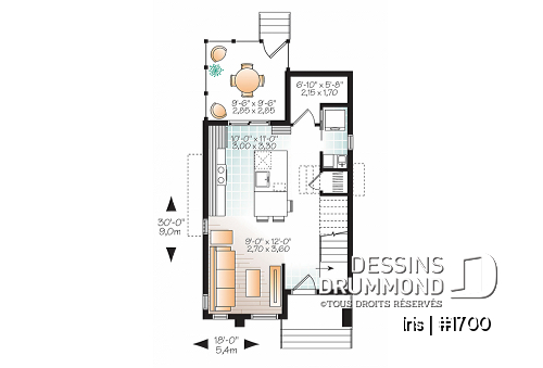 Rez-de-chaussée - Plan mini-maison 3 chambres, cuisine fonctionnelle, aire ouverte, abri moustiquaire au balcon arrière - Iris