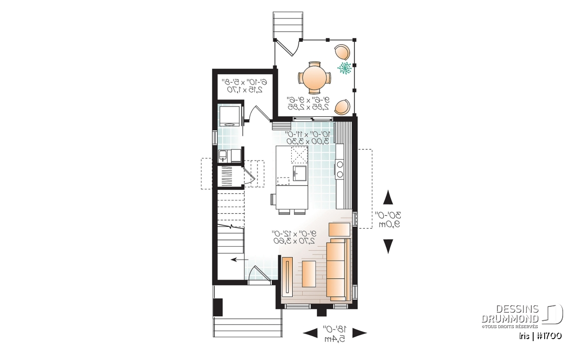 Rez-de-chaussée - Plan mini-maison 3 chambres, cuisine fonctionnelle, aire ouverte, abri moustiquaire au balcon arrière - Iris