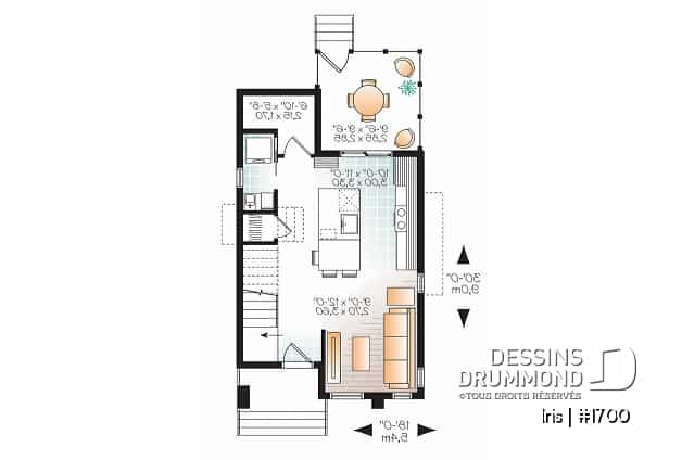 Rez-de-chaussée - Plan mini-maison 3 chambres, cuisine fonctionnelle, aire ouverte, abri moustiquaire au balcon arrière - Iris