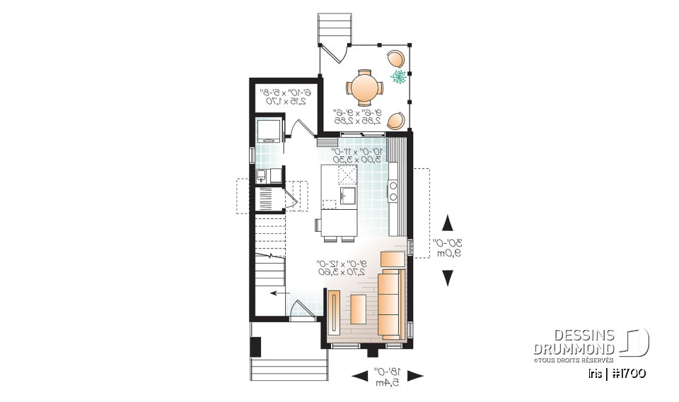 Rez-de-chaussée - Plan mini-maison 3 chambres, cuisine fonctionnelle, aire ouverte, abri moustiquaire au balcon arrière - Iris
