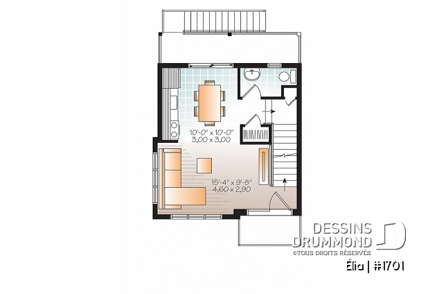 Étage 1 - Plan de petite maison moderne 3 chambres, garage, sur 3 étages, grande terrasse abritée, balcon à l'étage - Élia