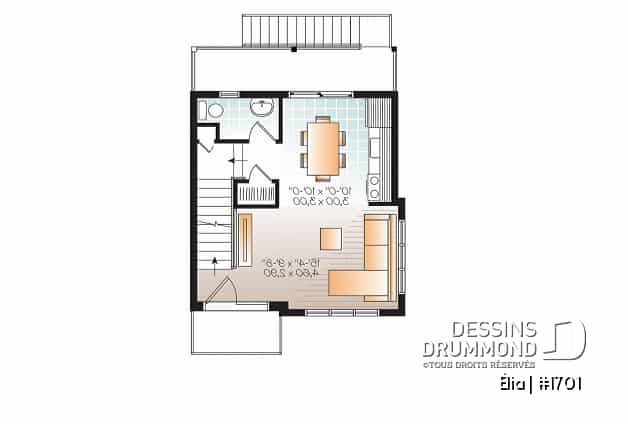 Étage 1 - Plan de petite maison moderne 3 chambres, garage, sur 3 étages, grande terrasse abritée, balcon à l'étage - Élia