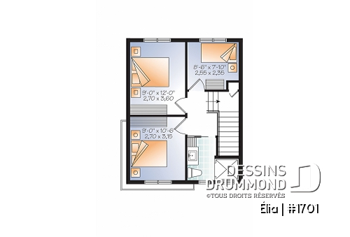 Étage 2 - Plan de petite maison moderne 3 chambres, garage, sur 3 étages, grande terrasse abritée, balcon à l'étage - Élia