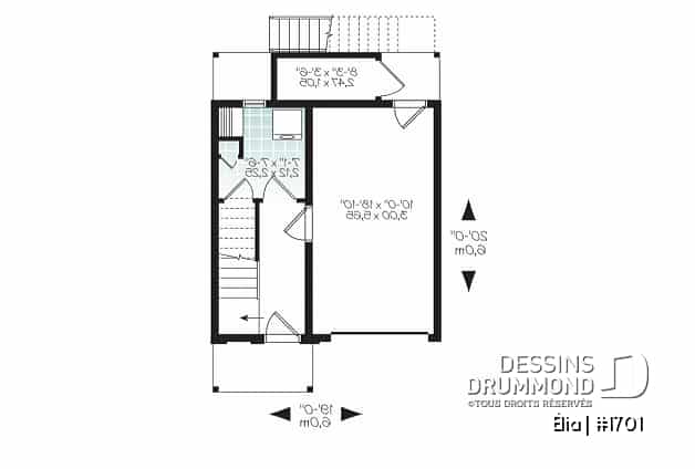 Rez-de-chaussée - Plan de petite maison moderne 3 chambres, garage, sur 3 étages, grande terrasse abritée, balcon à l'étage - Élia