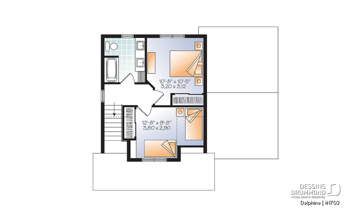 Étage - Plan de petite maison Farmhouse, 2 chambres de bon format, garage, 1.5 salles de bain, buanderie au rdc. - Delphine