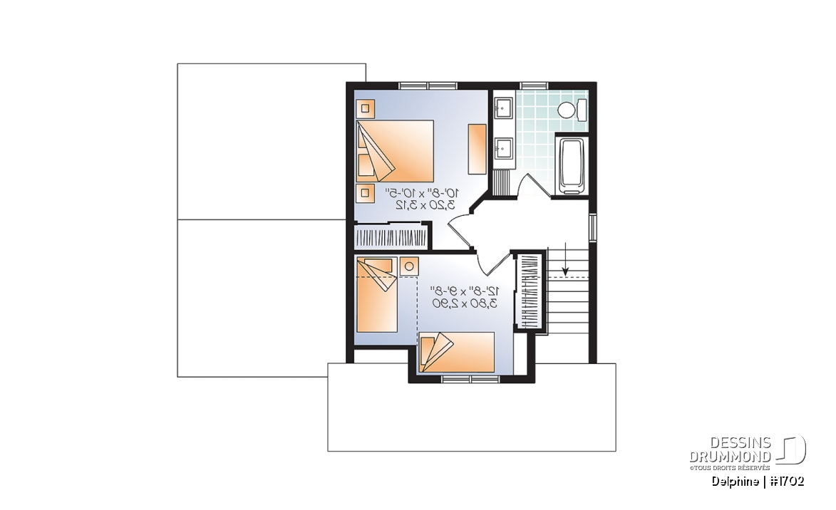Étage - Plan de petite maison Farmhouse, 2 chambres de bon format, garage, 1.5 salles de bain, buanderie au rdc. - Delphine
