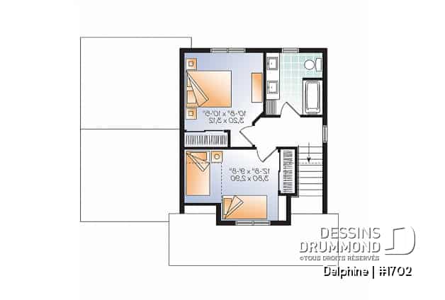 Étage - Plan de petite maison Farmhouse, 2 chambres de bon format, garage, 1.5 salles de bain, buanderie au rdc. - Delphine