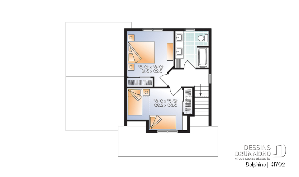 Étage - Plan de petite maison Farmhouse, 2 chambres de bon format, garage, 1.5 salles de bain, buanderie au rdc. - Delphine