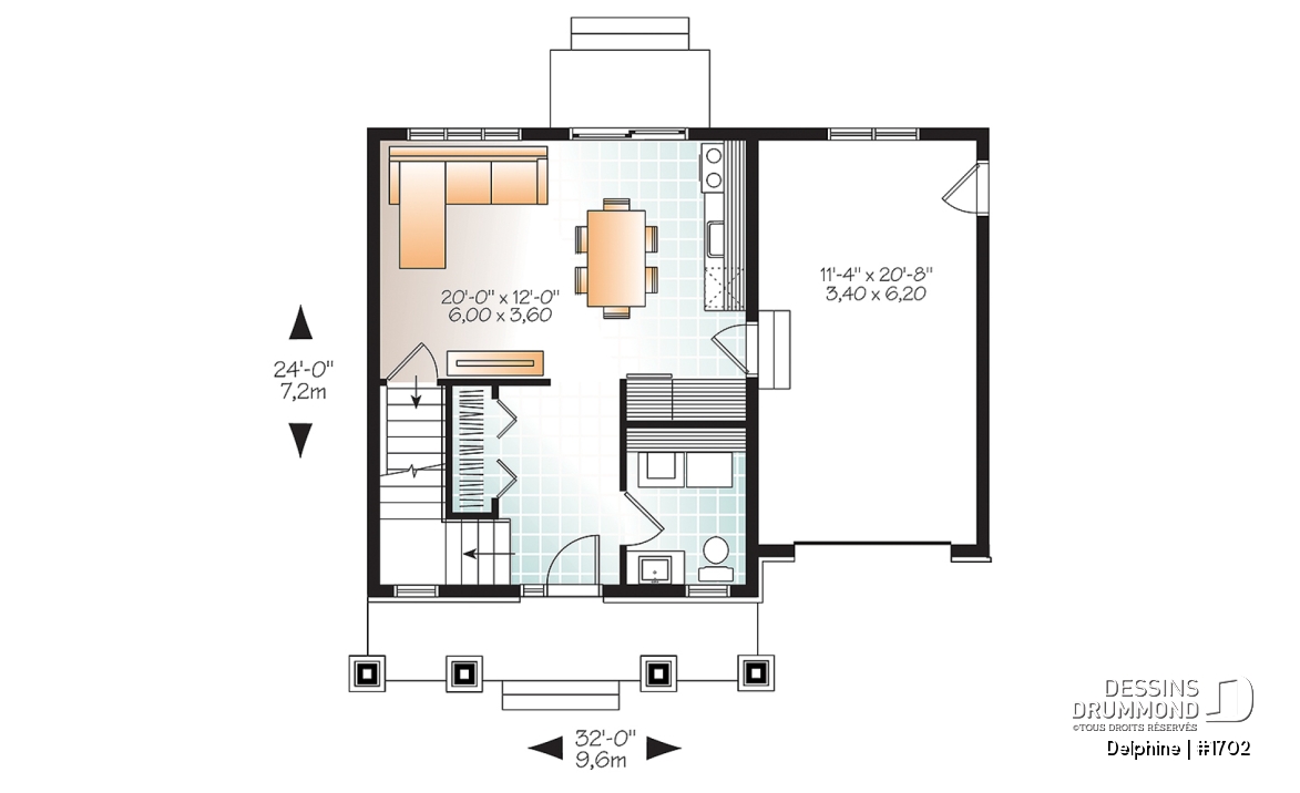 Rez-de-chaussée - Plan de petite maison Farmhouse, 2 chambres de bon format, garage, 1.5 salles de bain, buanderie au rdc. - Delphine