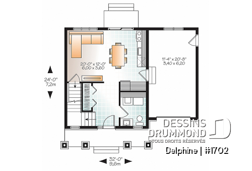 Rez-de-chaussée - Plan de petite maison Farmhouse, 2 chambres de bon format, garage, 1.5 salles de bain, buanderie au rdc. - Delphine