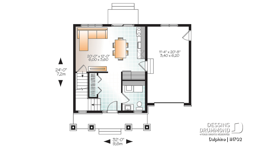 Rez-de-chaussée - Plan de petite maison Farmhouse, 2 chambres de bon format, garage, 1.5 salles de bain, buanderie au rdc. - Delphine