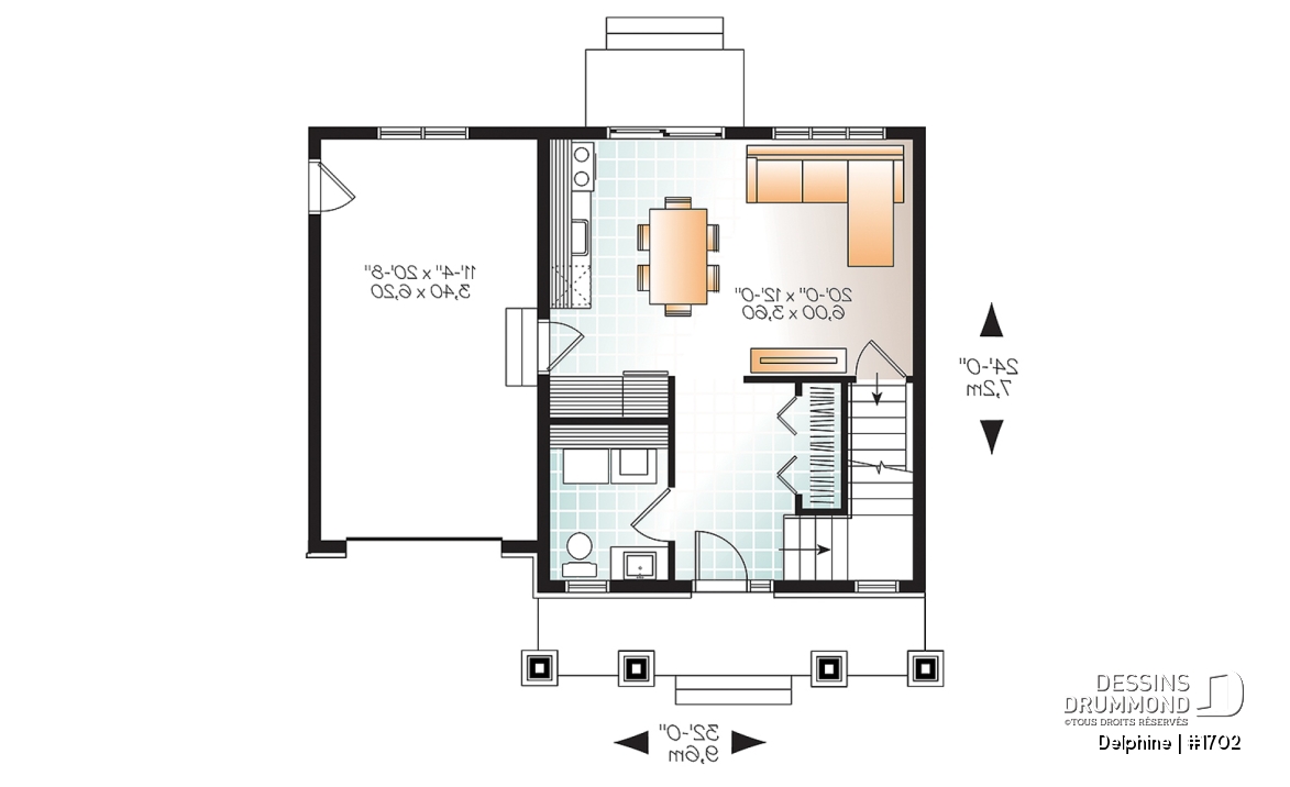 Rez-de-chaussée - Plan de petite maison Farmhouse, 2 chambres de bon format, garage, 1.5 salles de bain, buanderie au rdc. - Delphine