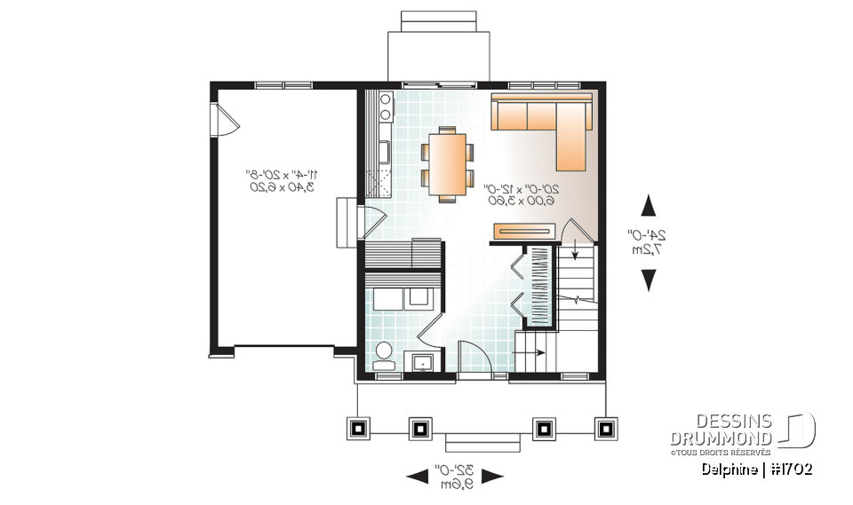 Rez-de-chaussée - Plan de petite maison Farmhouse, 2 chambres de bon format, garage, 1.5 salles de bain, buanderie au rdc. - Delphine