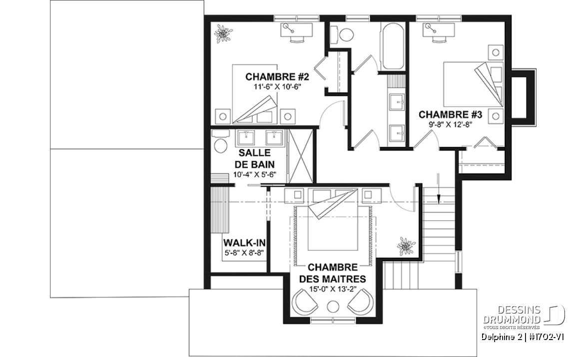 Étage - Plan de maison Canadienne avec garage, 3 chambres, 2.5 s. bain, chambre des parents avec salle de bain privée - Delphine 2