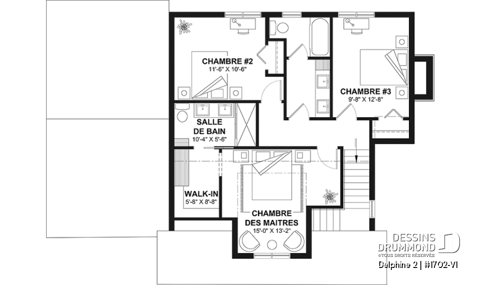 Étage - Plan de maison Canadienne avec garage, 3 chambres, 2.5 s. bain, chambre des parents avec salle de bain privée - Delphine 2
