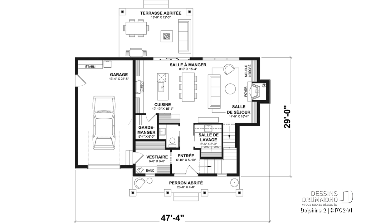 Rez-de-chaussée - Plan de maison Canadienne avec garage, 3 chambres, 2.5 s. bain, chambre des parents avec salle de bain privée - Delphine 2