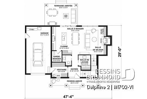 Rez-de-chaussée - Plan de maison de campagne avec garage, 3 chambres, 2.5 s. bain, chambre des parents avec salle de bain privée - Delphine 2